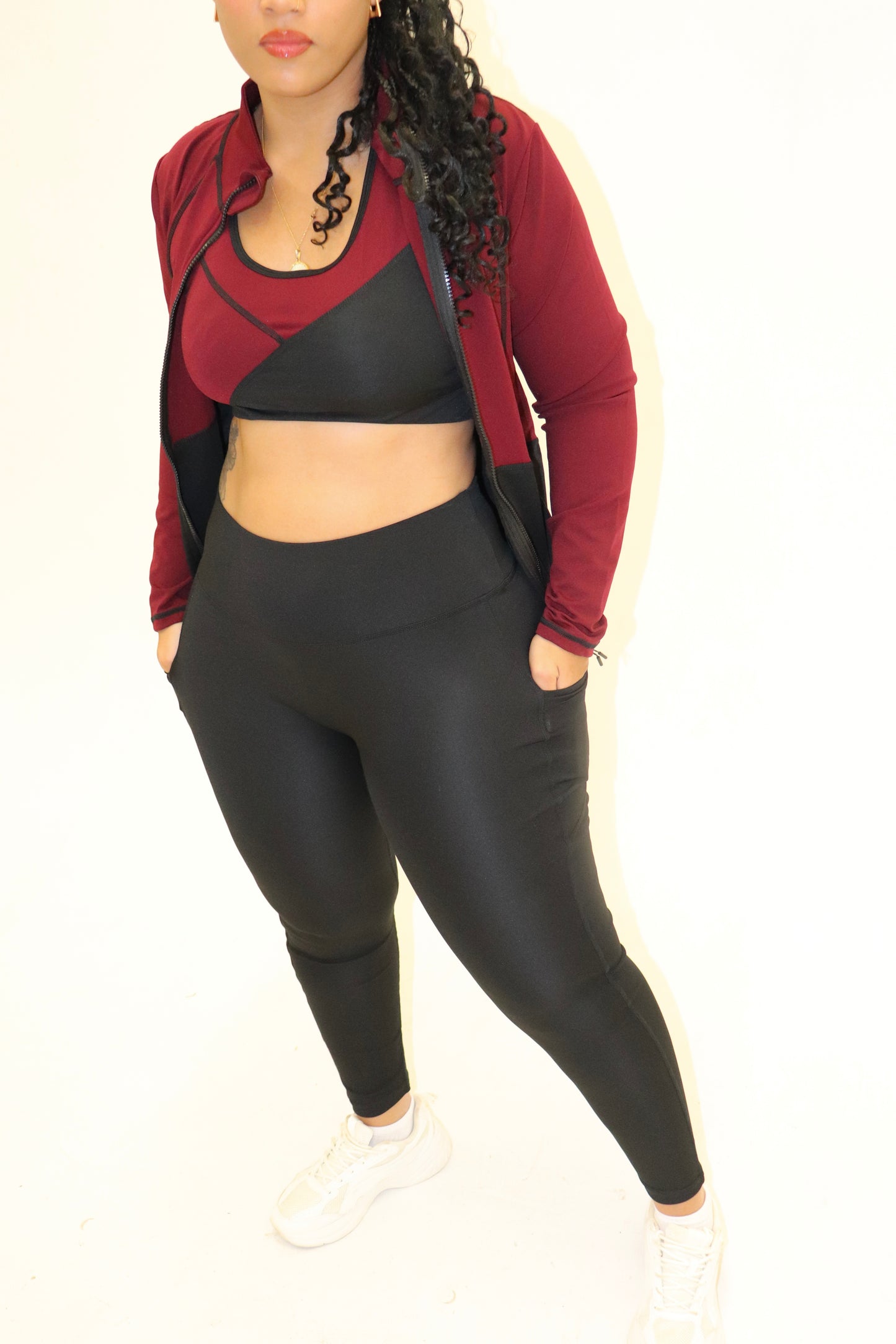 3 Piece Matching Workout Sets in Burgundy/Black - Ravi-bySteph