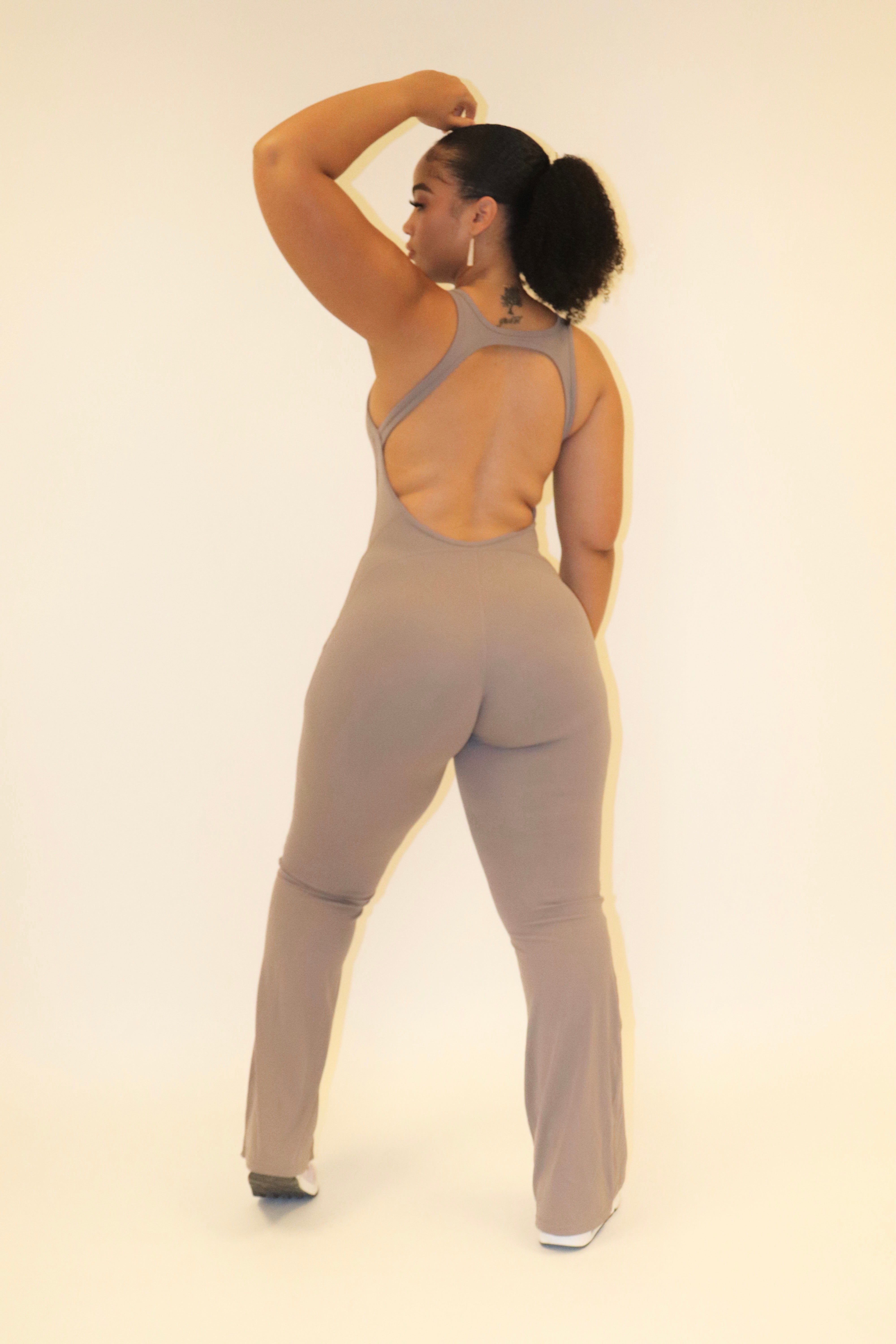 Mocha Backless Flare Leg Jumpsuit