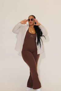 Brown Backless Flare Leg Jumpsuit